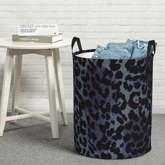 Black Grey Leopard Round Laundry Hamper Storage Basket Toys Clothes Organizer Bin For Home Bathroom Bedroom Dorm Nursery, 62l