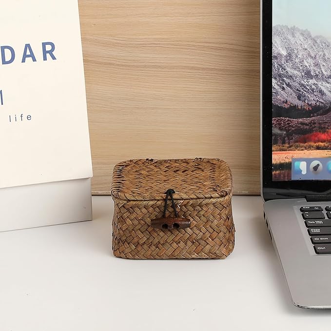 Mini Seagrass Basket Handwoven Small Wicker Basket with Lid Square Portable Storage Baskets for Key Jewelry Decorative Organizer Box for Shelf, 3.5"L x 3.5"W x 2"H