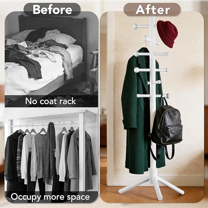 Wooden Coat Rack Freestanding with 12 Hooks 3 Adjustable Heights，Standing Coat Rack Tree for Hat and Coat Rack for Small Spaces Entryway,Office,Bedroom,White