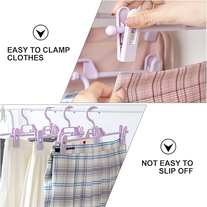 Plastic Pant Hangers with Clips, 10 Pcs Pants Hangers with 360°Rotating & Adjustable Clips, Stackable Clothes Hanger for Skirt, Closet Organizer and Storage | Space Saving (Purple)