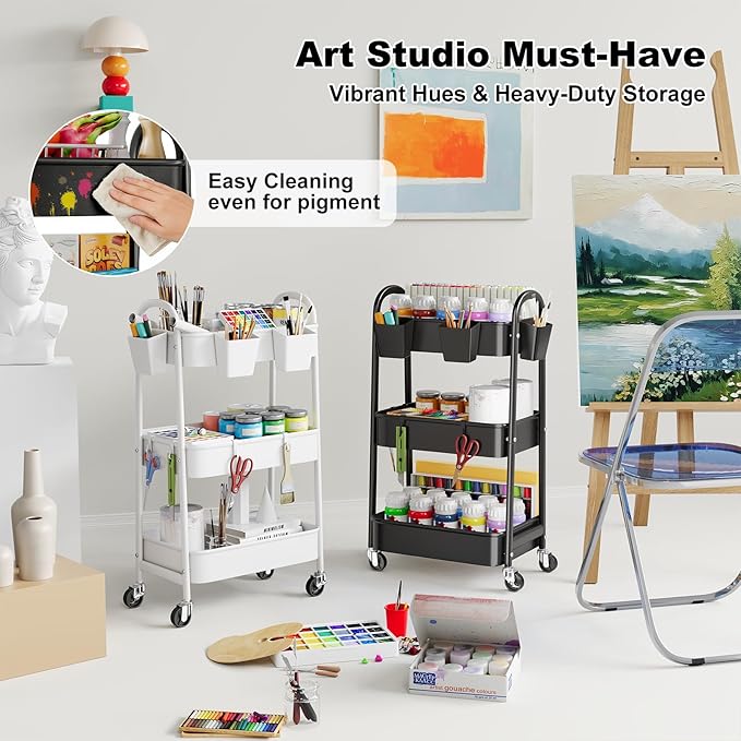 3 Tier Black Rolling Cart Metal with Wheels, Basket, Cups & Hooks, Three Tier Utility Carts on Wheels, Can Organizer for Pantry Floor, Kitchen Storage Rack, Snack Shelf Carts, Vianderos para Cocina
