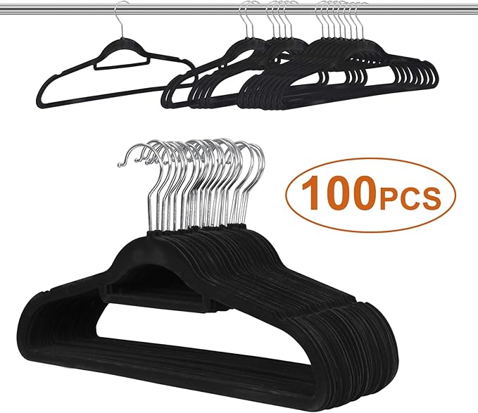 Velvet Hangers 100 Pack, Premium Non-Slip 360° Degree Rotatable Hook, Space Saving Clothes Hanger, Black