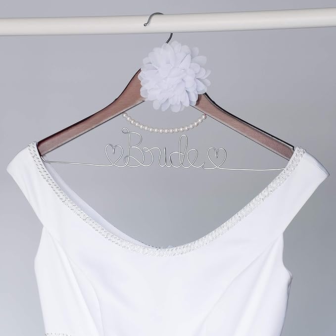 Ella Celebration Bride to Be Wedding Dress Hanger Wooden and Wire, Accented with Pearls and A Flower Bridal Hangers for Brides (Mahogany with Silver Wire and Pearls)