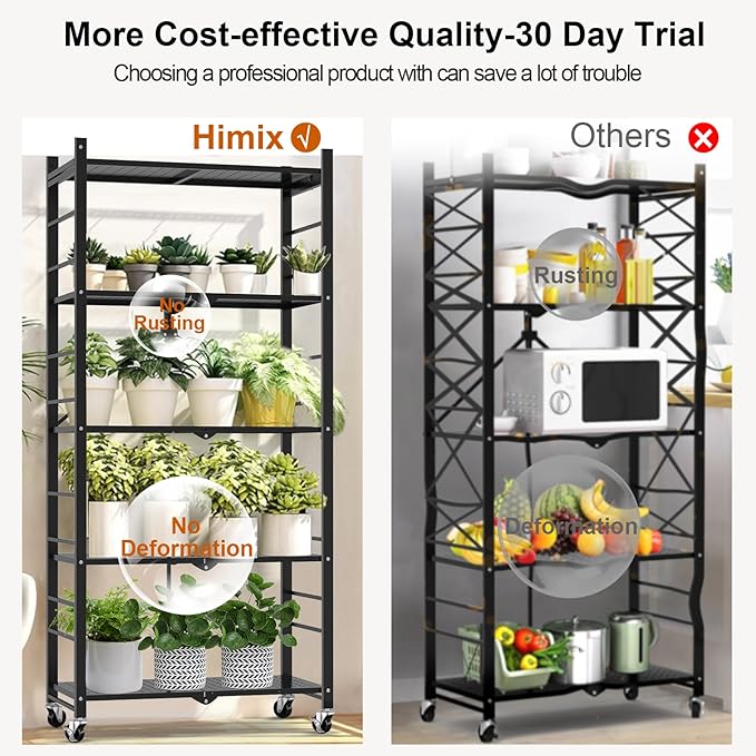 Himix Storage Shelves with 20 Hooks, 5-Tier Collapsible Organization Storage Rack Bookshelf Folding Pantry Shelves Cube Shelf Wire Shelving Holds 440 Ibs for Garage Kitchen Room, Black