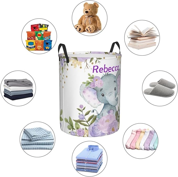 Purple Floral Elephant Personalized Laundry Hamper Custom with Name Collapsible Waterproof Storage Basket with Handles for Bedroom Clothes Toys.