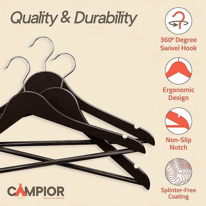 Brown Wooden Hangers 10 Pack – Heavy-Duty with 360° Swivel Hook, Non-Slip, Pants Bar & Shoulder Grooves - Wooden Hangers for Suits, Jackets, Dresses & Camisoles, Space-Saving and Smooth Finish