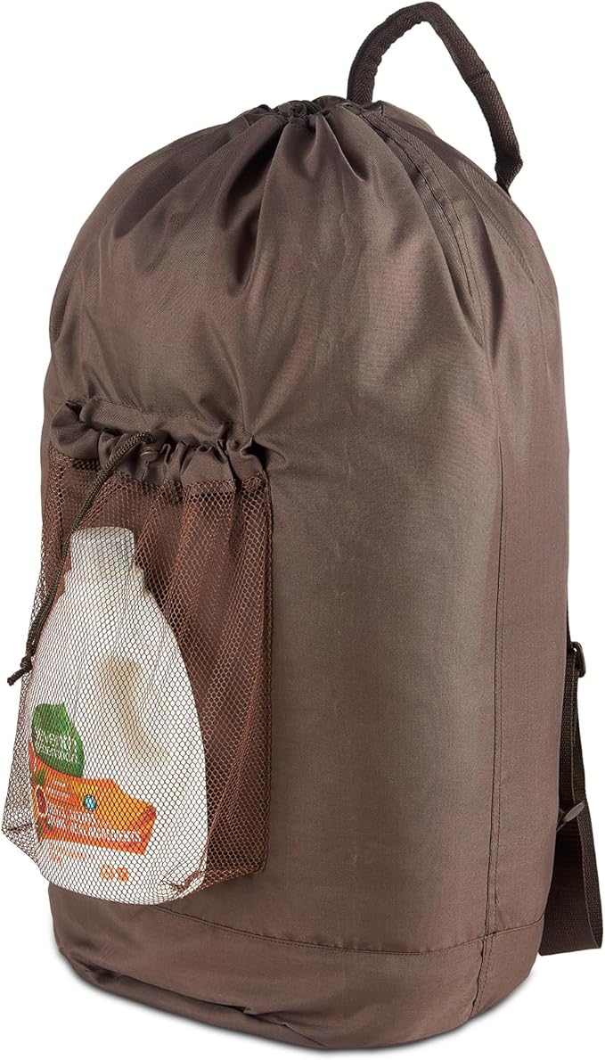 Seiritex Large Laundry Backpack Bag with Detergent Holder and Adjustable Shoulder Straps, Clothes Laundry Backpack for College, Travel, Apartment, Laundromat, Dorm Room (Brown)