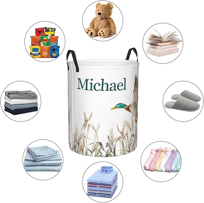 Personalized Laundry Basket for Nursery, Custom Nursery Laundry Hamper with Name, Customize Baby Clothes Circular Hamper for Boys Girls Room Decor, Wild Duck