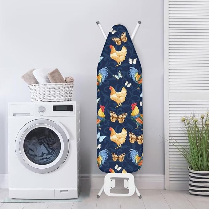 GLENLCWE Rooster Butterfly Ironing Board Cover Full Size with Elastic Edge and Hook and Loop,Standard Size 54x15 inches Iron Board Cover Easy Install