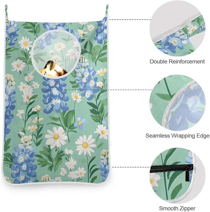 Mint Green Bluebonnet and Daisies Hanging Laundry Hamper Door Hampers Bag Basket with Stainless Steel Hooks Oxford Fabric Printing Decorative Clothes Bags 29.5X20inch 2Pack