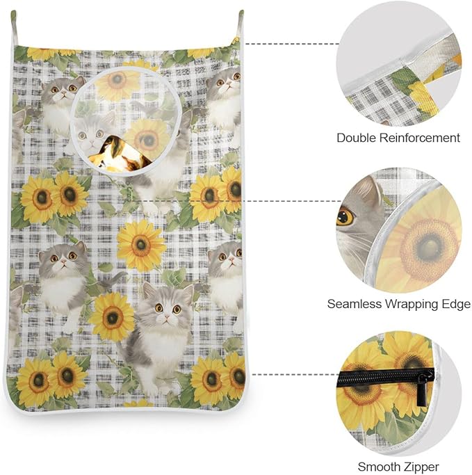 Hanging Laundry Hamper with Stainless Steel Hooks,Oxford Fabric Printing Door Laundry Clothes Bag, 29.5X20inch 2PCS Grey Gingham Scottsih Fold Cat Sunflower