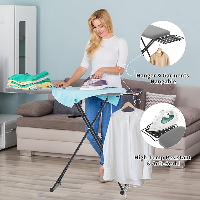 Ironing Board with Porous Iron Rest, 7 Adjustable Heights, 43" x 13", 3-Layer Heat-Resistant Cover & Pad for Home Laundry, Gray