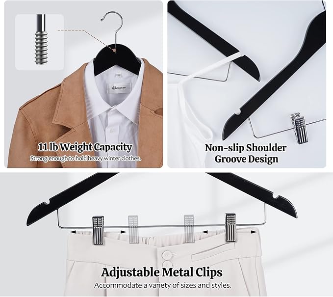 HOUSM Wooden Suit & Skirt Hangers with Heavy-Duty Clips, Premium Solid Wood Pants Hangers, Smooth Finish - Black, 16Pack for Coats, Jeans, Blouses
