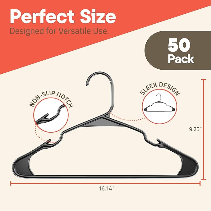 Gray Plastic Hangers 50 Pack– Heavy-Duty Plastic Hangers Slim and Space-Saving, Durable and Lightweight PP with Non-Slip Shoulder Notches for Slip Dresses, Suits, Jackets & Camisoles
