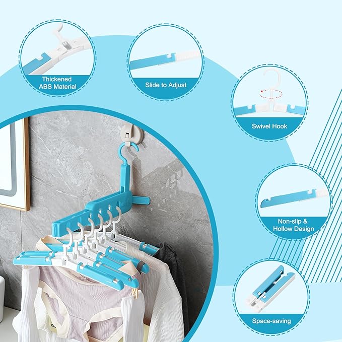Foldable Travel Hangers for Cruise, 6 Pack Portable Collapsible Hangers with Clips, Folding & Space-Saving Suitcase Hangers for Travel, (Blue-White)