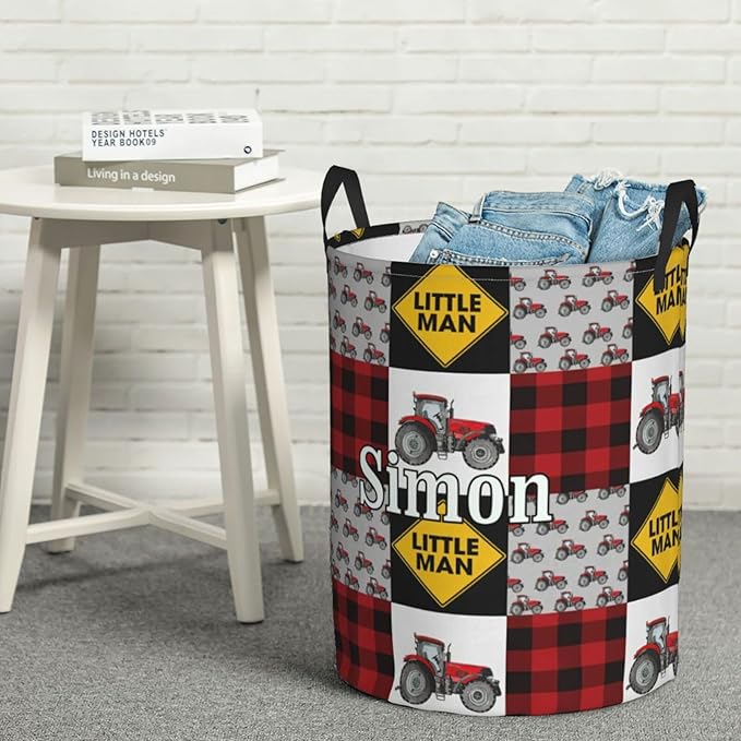Farm Vehicle Tractor Customized Laundry Basket with Name Collapsible Waterproof Organizer Bin Laundry Hamper with Handle for Clothes Toys Bedroom.