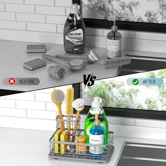 Kitchen Sink Caddy Organizer, [Stay-Dry Anywhere & No Drainage Needed] Sponge Holder for Kitchen Sink Countertop,Stainless Steel with Rust-Resistant Coating-10.24" L x 6.5" W x 5.83" H