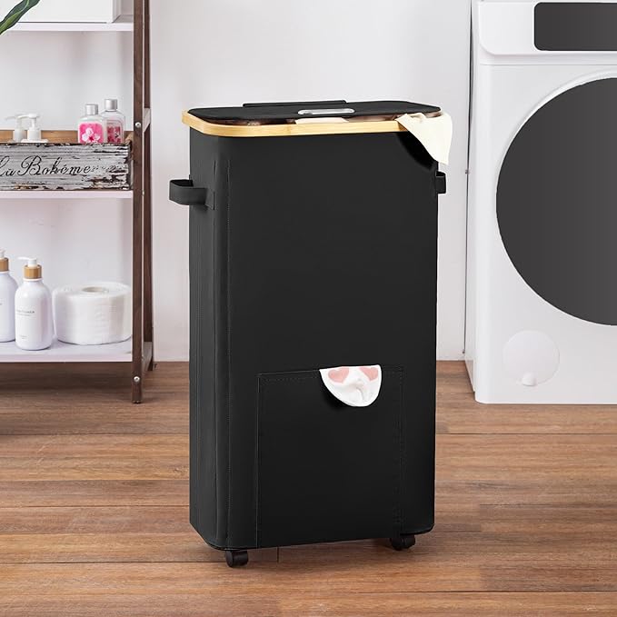 Laundry Basket with Wheels, Tall Dirty Clothes Hamper on Wheels, Rolling Laundry Hamper with lid for Dorm, Bedroom and Bathroom