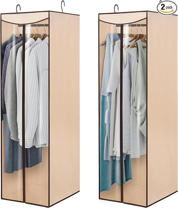 Garment Bags for Hanging Clothes Storage, Long Garment Cover with Zippered Clear Window for Closet Wardrobe Clothes Rack Organizer, Hanging Garment Bags for Dresses, Suits, 2 Pack, Beige