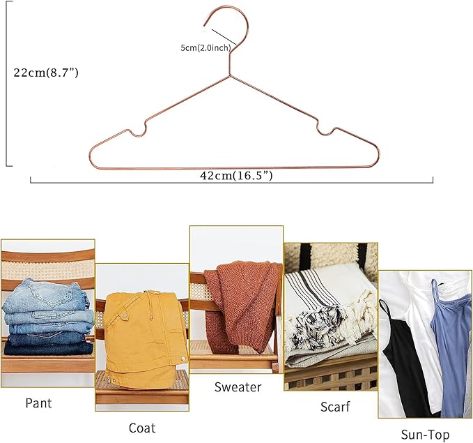 Rose Gold Adult Metal Wire Clothes Hangers, 16.5" Metal Hangers for Clothes Strong Hangers, 60 Pack Space Saving for Coat Suit Bridal Boutique Dress Closet Dorm Clothing Rack