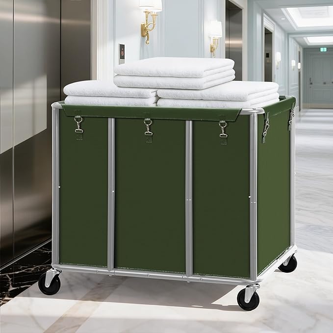 STO STO Commercial Laundry Cart with Lockable Wheels, Extra Large 420L Industrial Rolling Laundry Hamper with Metal Frame, Laundry Basket Trolley with Removable Waterproof Bag, 400 lbs Load, Green
