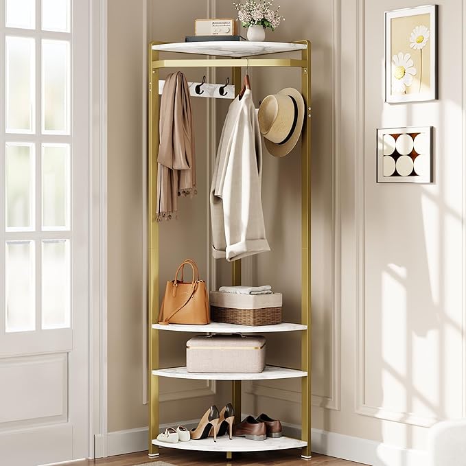 IDEALHOUSE Corner Coat Rack with Shoe Bench Entryway and 6 Double Hooks, Corner Hall Tree - Corner Clothes Rack with Storage Corner Tree with Organizer Shoe Bench Shelf for Entryway, Hallway, Closet