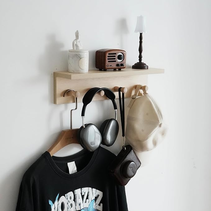 Entrance Coat Rack ，Coat Hooks, Wall-Mounted Wooden Hook Rack, Wall-Mounted Shelves are Very Suitable (Birch Color Finish—A-2)