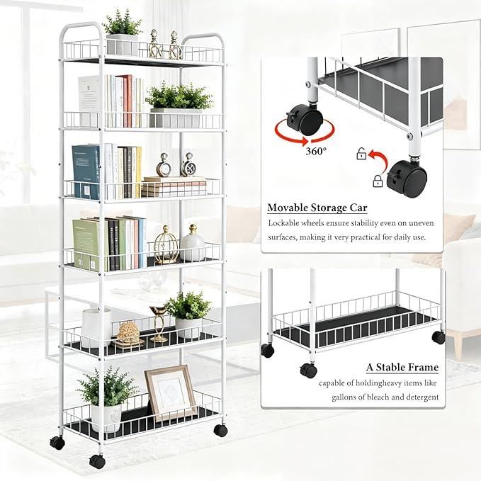 6 Tier Slim Rolling Storage Cart, Mobile Shelving Unit with Wheels, Metal Wire Storage Rack with Baskets for Kitchen Bathroom Office Laundry Narrow Piaces (10in White)