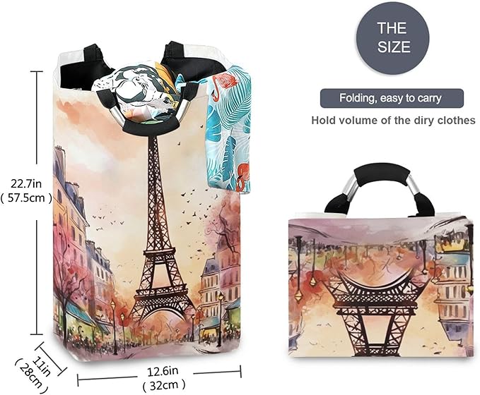 xigua Watercolor Paris Large Laundry Hamper with Handle, Foldable Clothes Hamper Collapsible Storage Basket for Toys and Clothes Organization in Bedroom, Bathroom, and Laundry Room