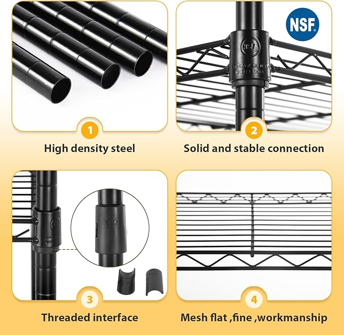 YRLLENSDAN 5 Tier Metal Shelving Unit, Heavy Duty Wire Shelves, Adjustable Storage Rack for Kitchen, Garage Shelving, Pantry Shelves, Storage Shelves Organizer, 24" W x 14" D x 61" H, Black