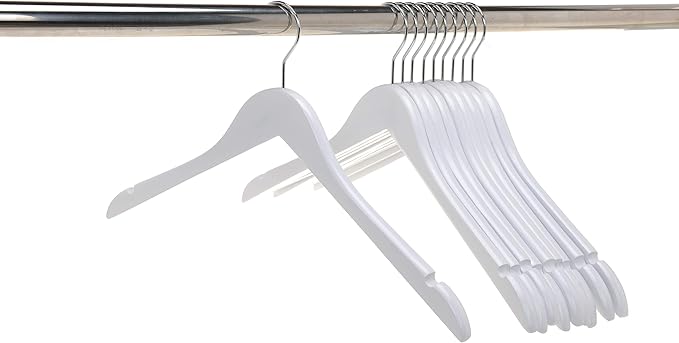 Quality Semi Curved Wooden Suit Hangers, 10-Pack Smooth Finish Solid Wood Coat Hanger with Swivel Hook, Jacket, Pant, Dress Clothes Hangers (White, 10)