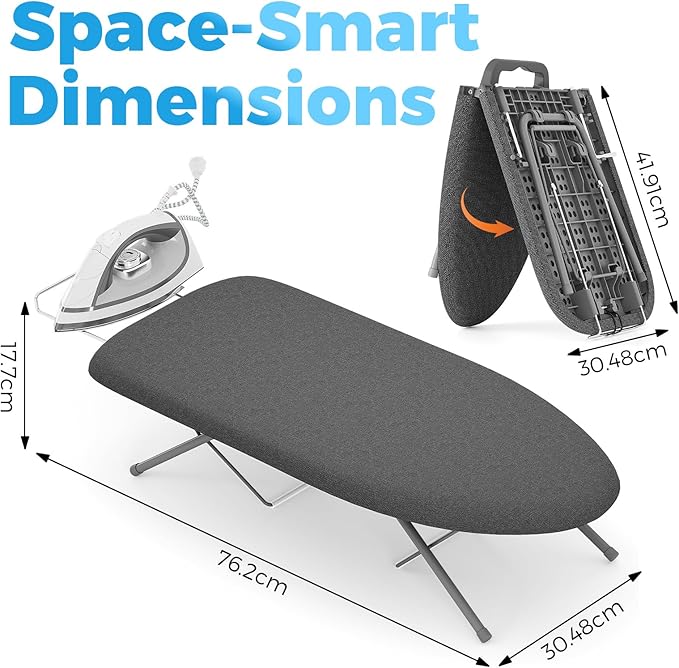 KINGBOARD Tabletop Ironing Board, Small Ironing Boards with Iron Rest, Folding Iron Board, Extra Thick Cover, Portable Tabletop Ironing Board with Non-Slip Feet, 30x12 Black