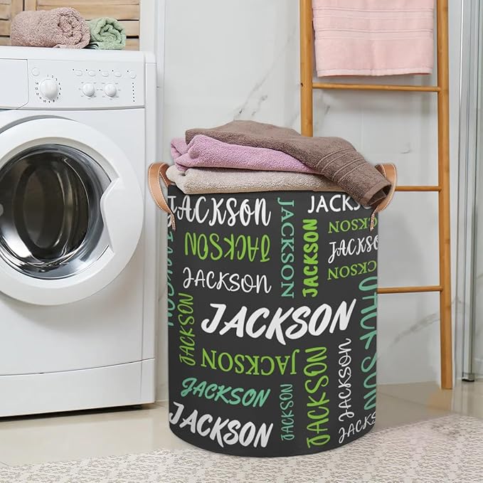 Custom Name Large Laundry-Basket for Kids-Boys-Girls, Personalized Foldable Waterproof Laundry Hamper Dirty Clothes Toys Storage Bin with Handles,Grey Green