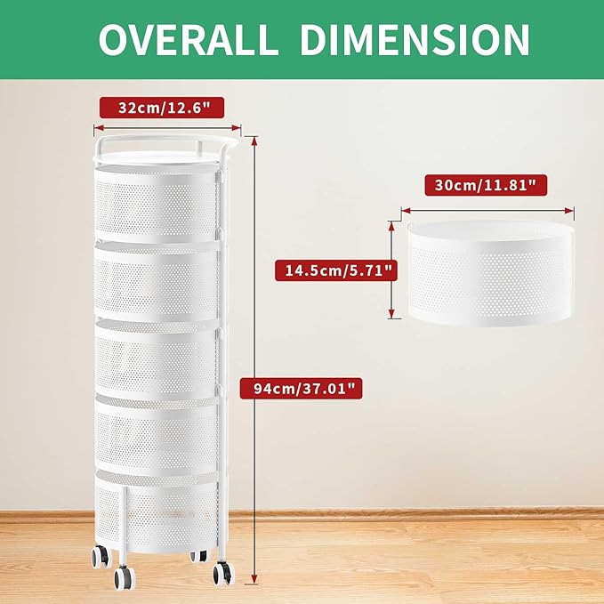 JAQ 5-Tier No Assembly White Rotating Storage Rack, Large Capacity Utility Cart for Kitchen Bathroom Nursery, Heavy Duty Fruit Vegetable Stand, White