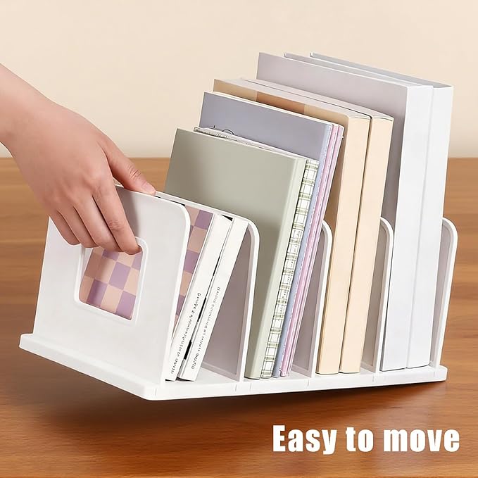 Adjustable Book Shelf Organizer 4 Section Vertical Plastic File Holder Book & Magazine Rack Folder Sorter Book Organizer for Office Home Closet & Handbag Storage (White)