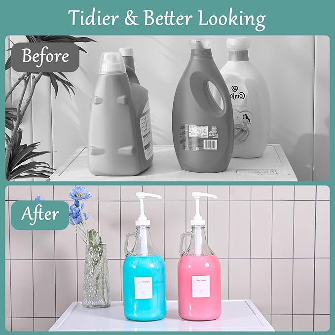 64 OZ Laundry Detergent Dispenser BY VEGEVIGI, Glass Liquid Laundry Soap Dispenser With Pump, Bleach And Fabric Softener Dispenser For Laundry Room, 2P