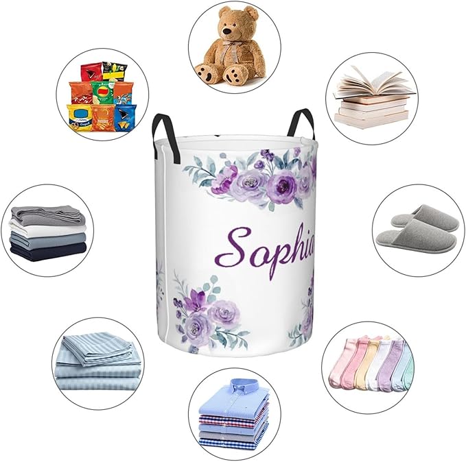 Personalized Laundry Basket for Nursery, Custom Nursery Laundry Hamper with Name, Customize Baby Clothes Circular Hamper for Boys Girls Room Decor, Purple Floral