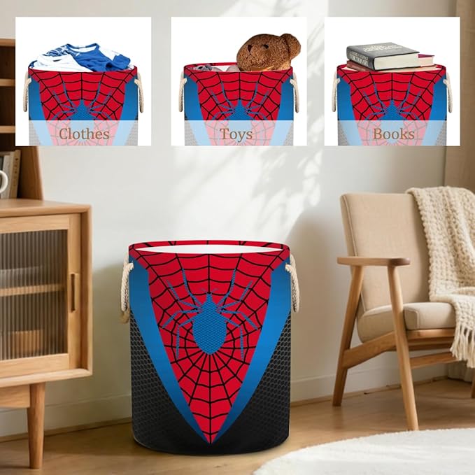 Laundry Hamper - Red Spider Web 58L Collapsible Waterproof Large Tall Nursery Storage Baskets Bin for Kids Toys, Clothes, Bathroom, Boys Bedroom Comic Hero Decor, Gift Basket