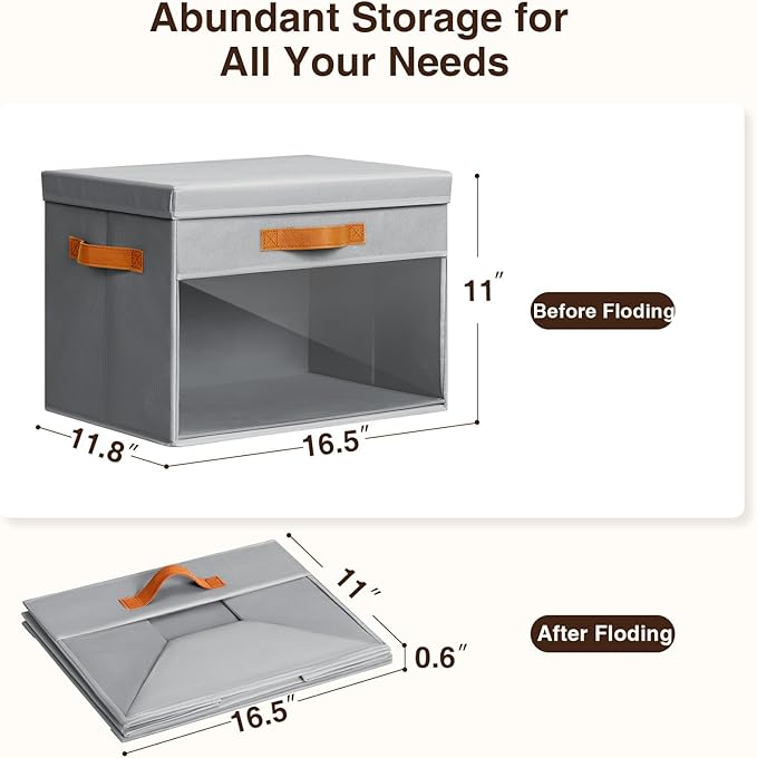 Large Storage Bins with Lids - 6 Pack Foldable Decorative Organizers with Clear Windows & Handles, Cube Storage Organizers for Clothes, Blankets, Sweaters, CD, Grey