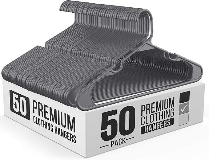 50 Pack Adult Plastic Hanger for Shirt Pants Coats Dresses Skirts Suits Jackets - Standard Thick Coat Hanger - Sturdy & Durable Design with Shoulder Grooves Hook - Grey