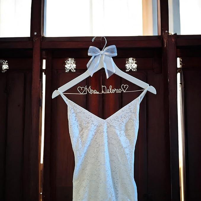 Bride Wedding Dress Hanger Gold Wire Writing, Personalized, Mrs., Choice of 10 Bow Colors - Bride Name - Quality White or Dark Wood Hanger with Notches - Bridal Gift with or Without Wedding Date