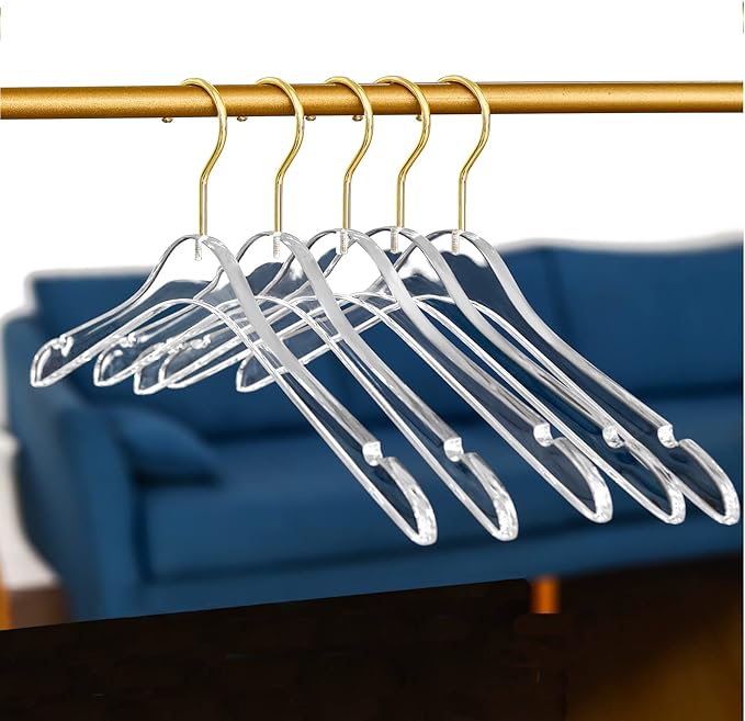 Besser 15 Pack Acrylic Hangers with Gold,Acrylic Clear Hanger,Premium Crystal Dress Hangers Swivel Gold Hook Luxurious Shiny Clothes Hangers(Clear-Style B)