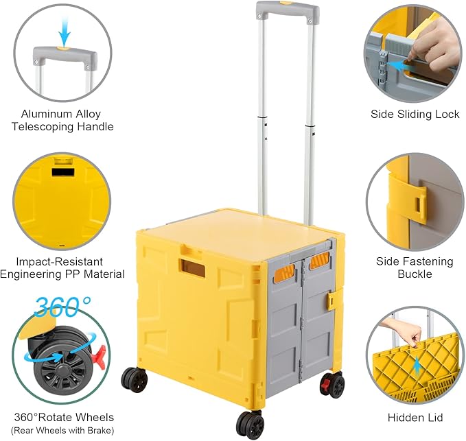 FELICON Folding Utility Cart Portable Rolling Crate Handcart with Durable Heavy Duty Plastic Telescoping Handle Collapsible Hidden Lid 4Rotate Wheels for Travel Shop Move Office Teacher(Yellow&Gray)