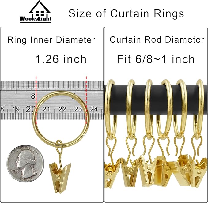 40 Pack Gold Curtain Rings with Clips, Curtain Hooks Hangers Clip Rings for Hanging Drapes Bows Hat, Drapery Rings 1.26 in I D, Fits up to 1 in Diameter Curtain Rod.
