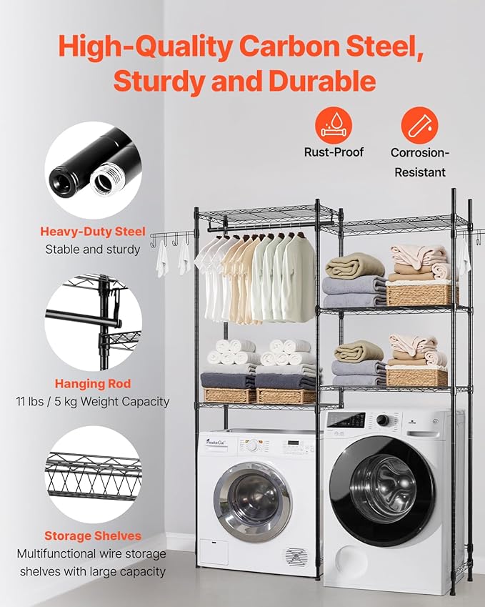 VEVOR Over The Washer and Dryer Storage Shelf, 5 Tier Laundry Room Drying Rack with Hanger Rod and Hooks, Adjustable Over Washer and Dryer Shelves, Laundry Room Shelf Storage Space Saver, Black
