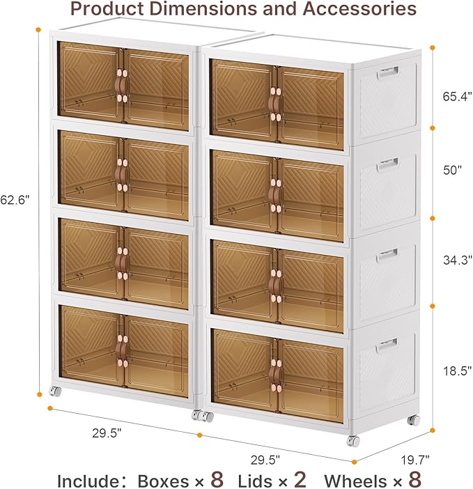 Extra Large Stackable Storage Bins, Lockable Storage Bins with Lids, Folding Storage box with Doors and Wheels, Collapsible Plastic Drawers for Home, Garage, Office (8, White, Extra Large)