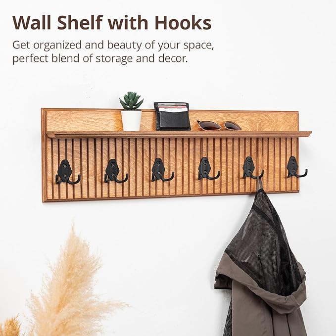 Rustic Wall Mounted Coat Rack with Shelf Wooden Entryway Organizer with 5 Metal Hooks for Coats Hats Towels Keys Floating Storage Shelf for Bathroom Bedroom (Oak, 45 inch Striped 8 Hooks)