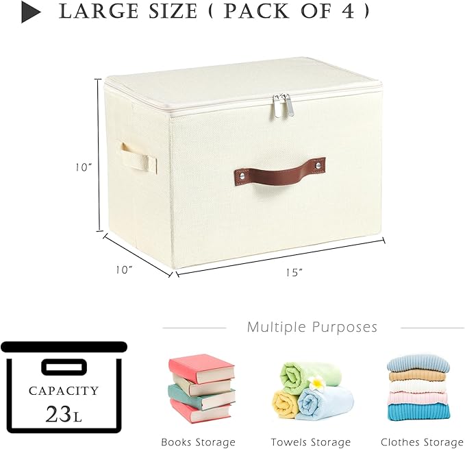 4 Pack Storage Bins with Zipper Lid Cotton Linen Fabric Lidded Storage Baskets Boxes Foldable Washable Closet Shelf Clothes Organizer Container with PU Leather Handles (Beige, Large)
