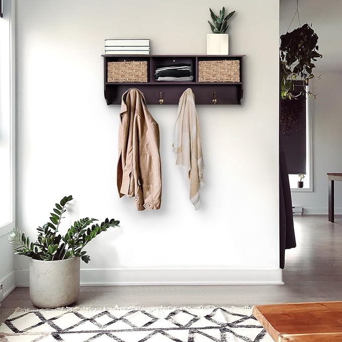 38.6" Contemporary Wall Mounted Coat Rack, Entryway Hanging Coat Rack with 3 Shelves, Wall Shelf with 4 Dual Hooks for Hallway, Living Room, Bedroom (Espresso)