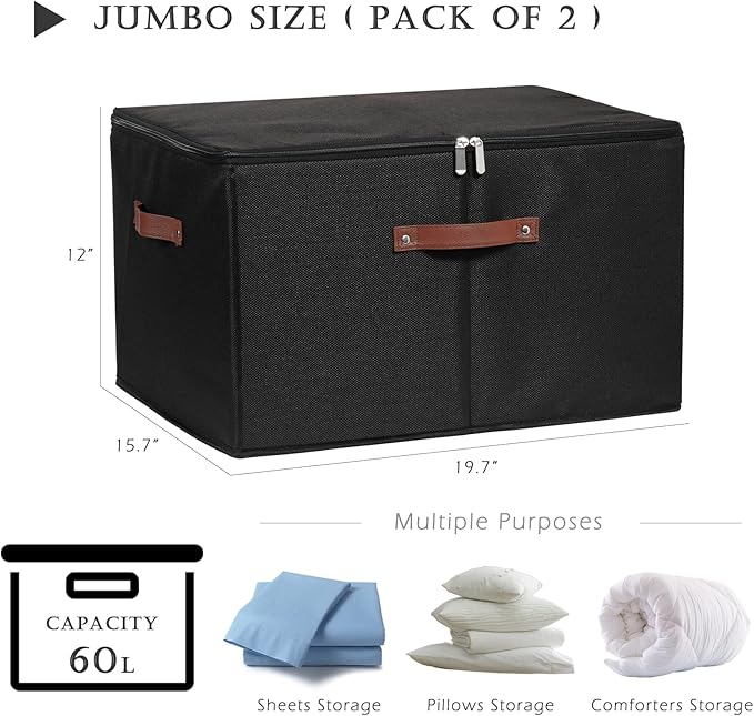 2 Pack Storage Bins with Zipper Lid Cotton Linen Fabric Lidded Storage Baskets Boxes Foldable Washable Closet Shelf Clothes Organizer Container with PU Leather Handles (Black, Jumbo Size)